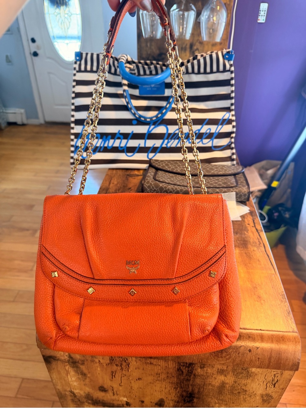 MCM Orange Pebbled Leather two way Chain-Handle Shoulder Bag